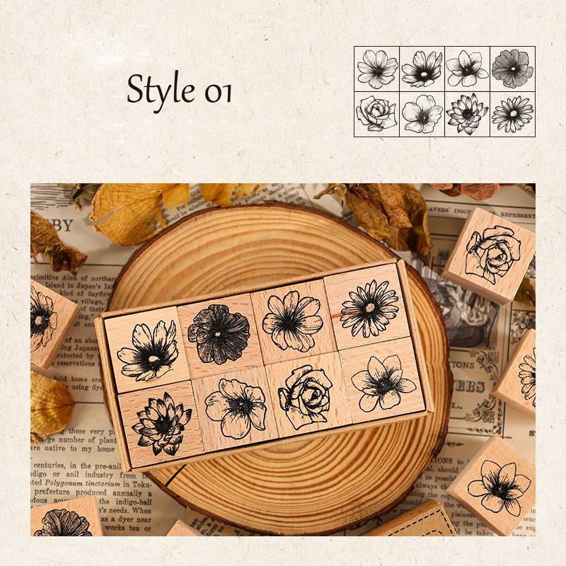 8Pcs Set Floral Rubber Stamps for Crafting Flower Decorative Wooden Stamp