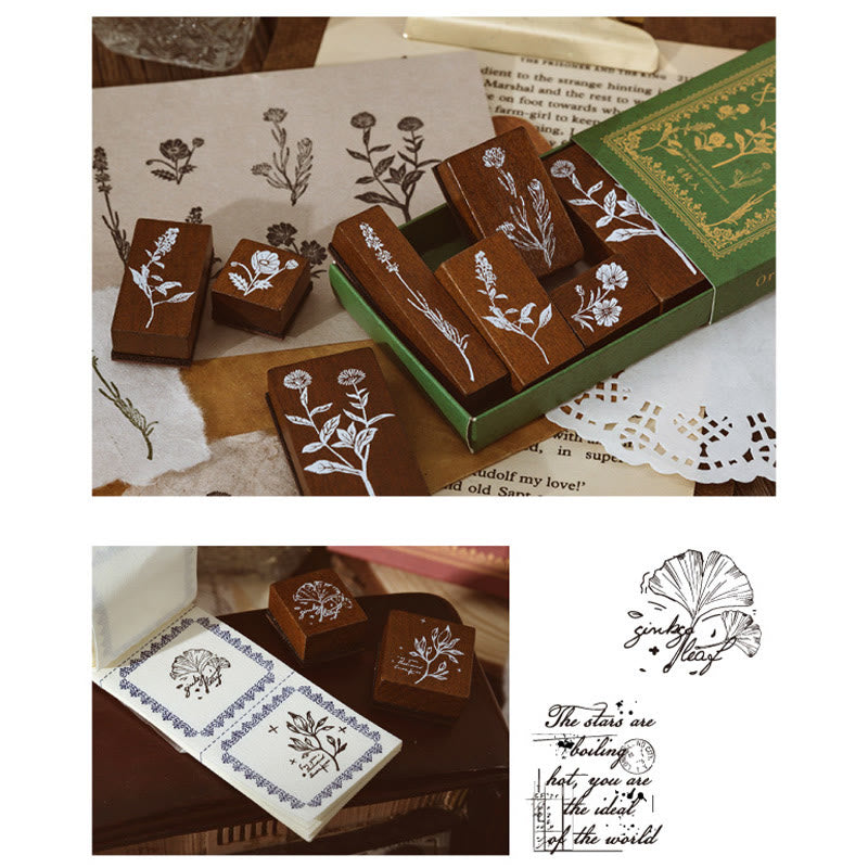 6Pcs Wood Rubber Stamps Set Flowers Plants Decorative Stamp Set