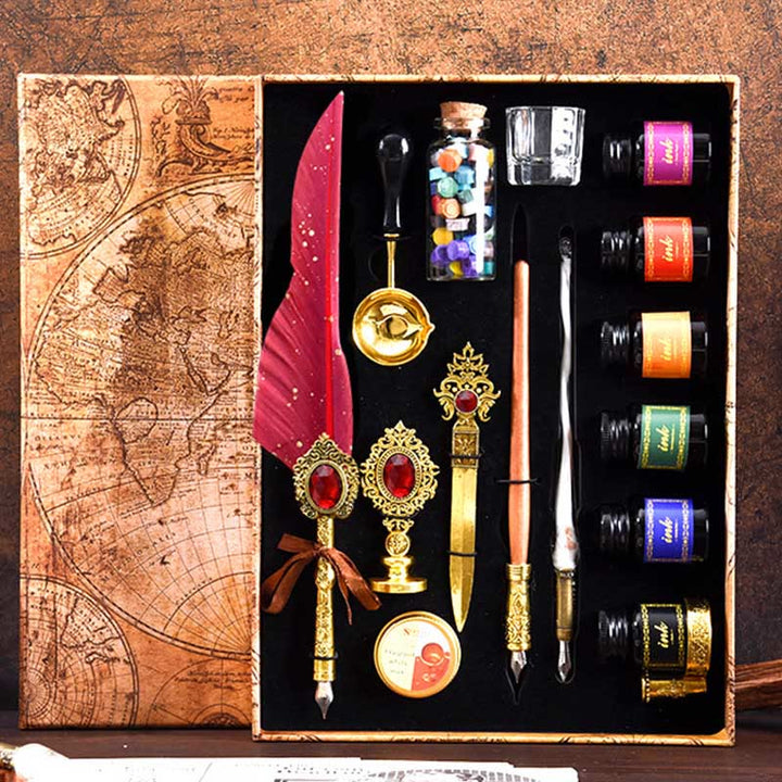 Luxury Feather Pen and Seal Stamps Set 16Pcs Quill Pen and Ink Set