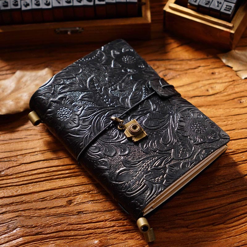 Vintage Engraved Leather Cover Notebook For Travel Daily Record