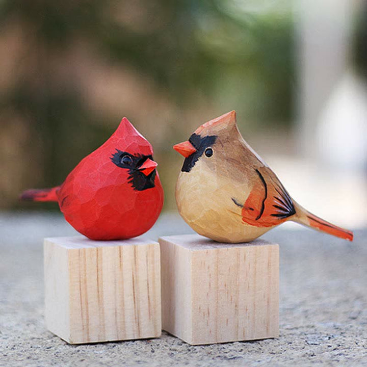 Wooden Bird Figurine Male Northern Cardinal Statue Couple Bird Animal Ornament Handmade Simulation