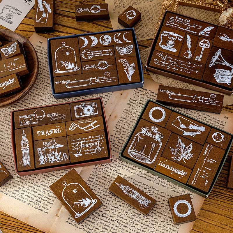 7Pcs Vintage Wood Rubber Stamps Set Theme of Travel Diary Nature Antique