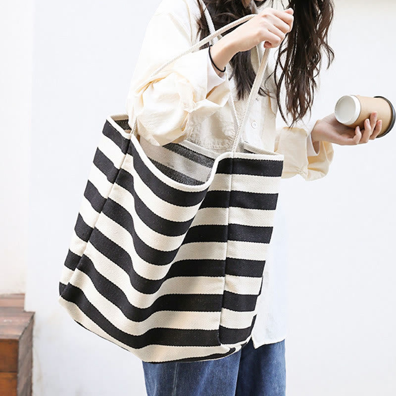 Color Contrast Stripe Shoulder Bag For Women Large Canvas Tote