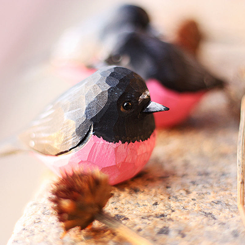 Wooden Bird Figurine Pink robin Statue Animal Ornament Handmade Simulation