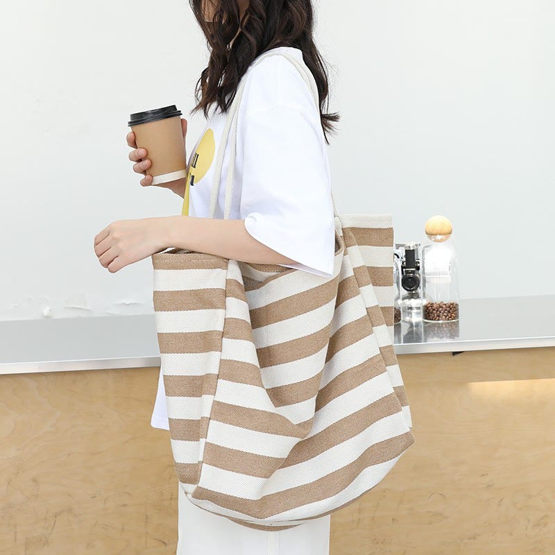 Color Contrast Stripe Shoulder Bag For Women Large Canvas Tote