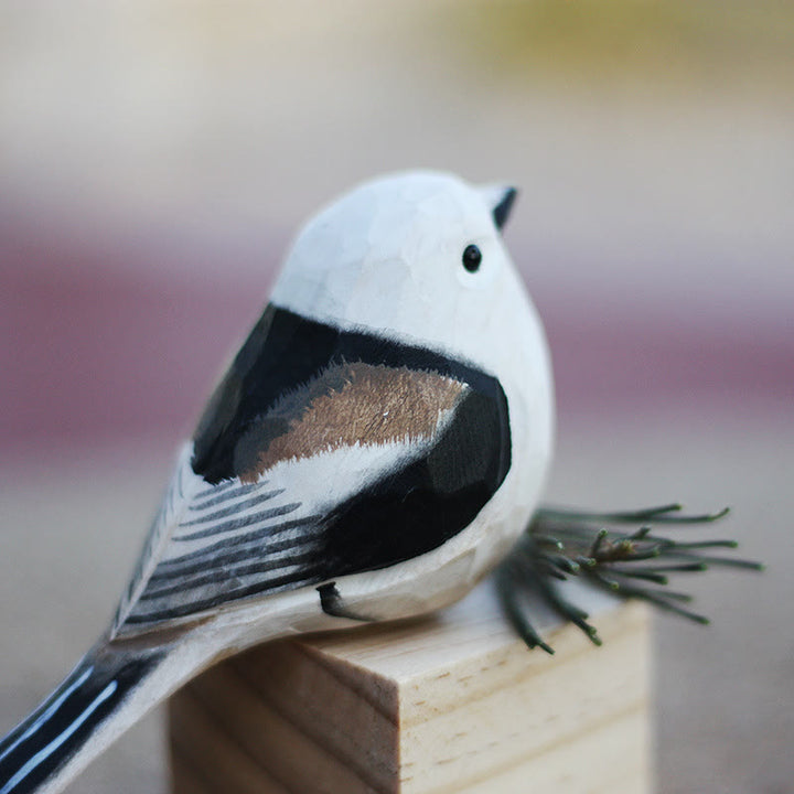 Wooden Bird Figurine Aegithalos caudatus Statue Animal Ornament Handmade Simulation