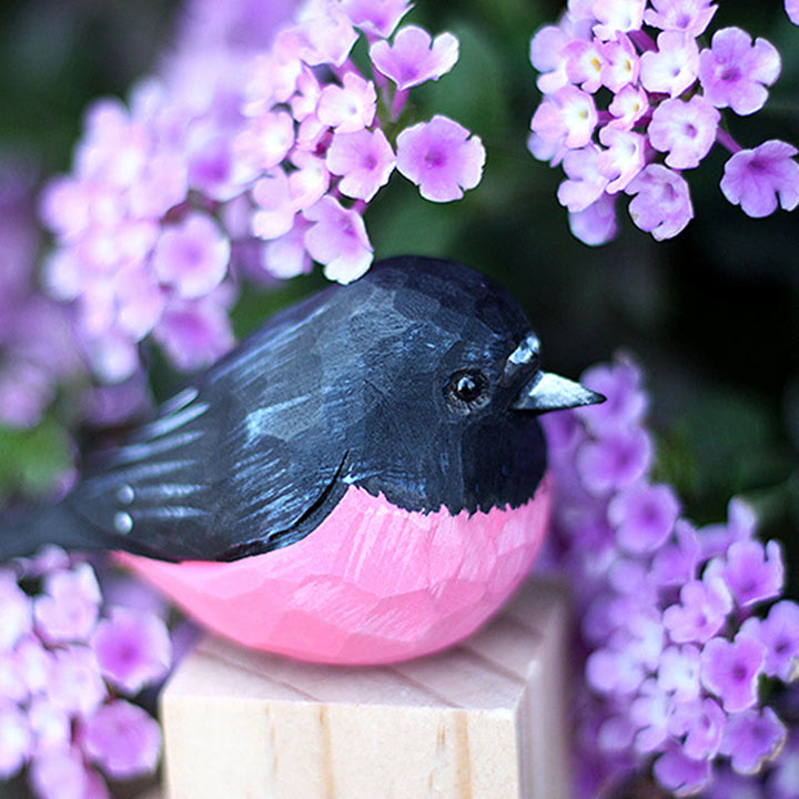 Wooden Bird Figurine Pink robin Statue Animal Ornament Handmade Simulation