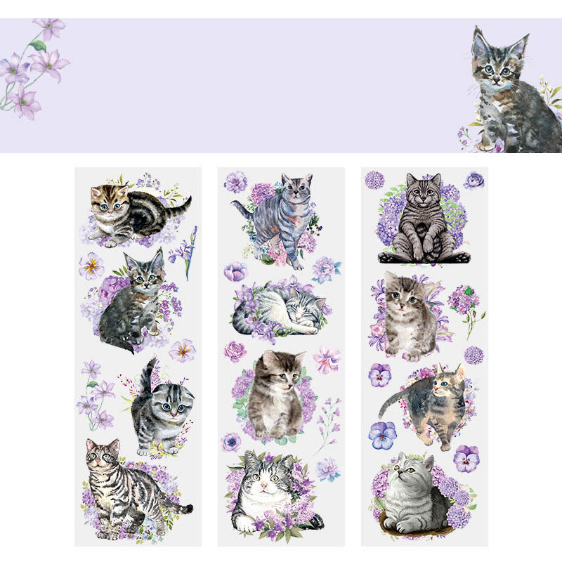 Cat with Flowers Series Transparent PET Stickers Fro Scrapbook