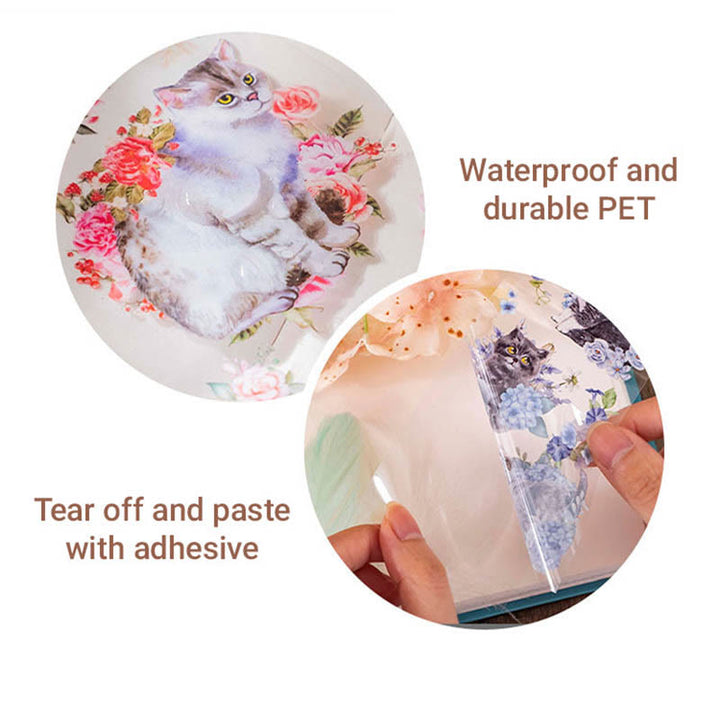 FREE TODAY: Cat with Flowers Series Transparent PET Stickers Fro Scrapbook