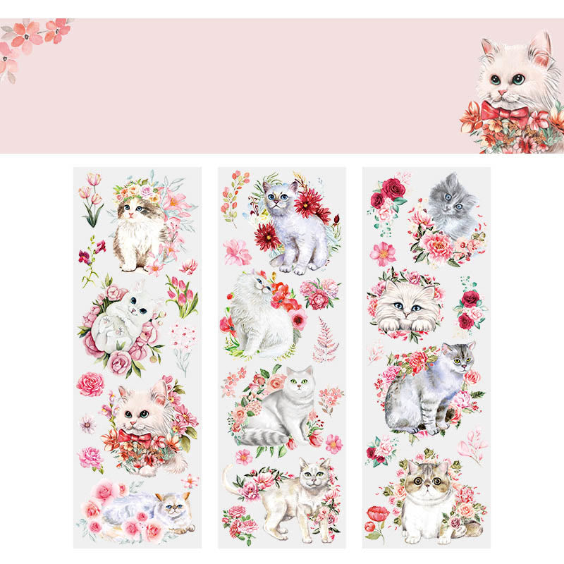 FREE TODAY: Cat with Flowers Series Transparent PET Stickers Fro Scrapbook