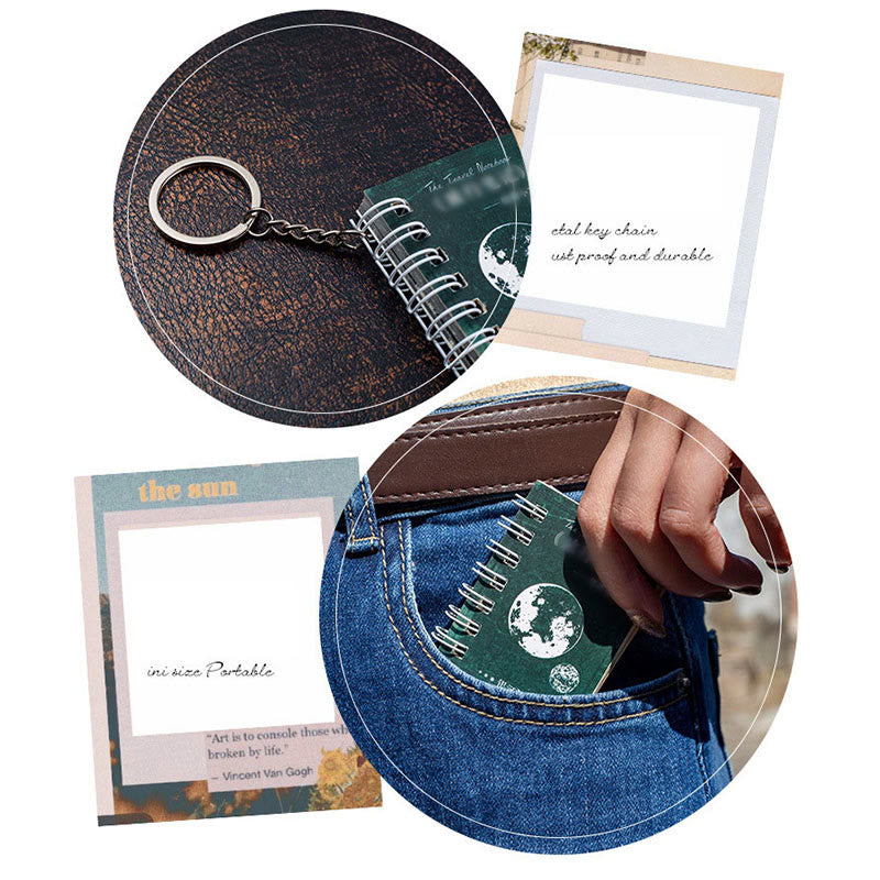 FREE TODAY: Mini Travel Journal Spiral Pocket Notebook Scrapbook with Keychain Postal Map Moon