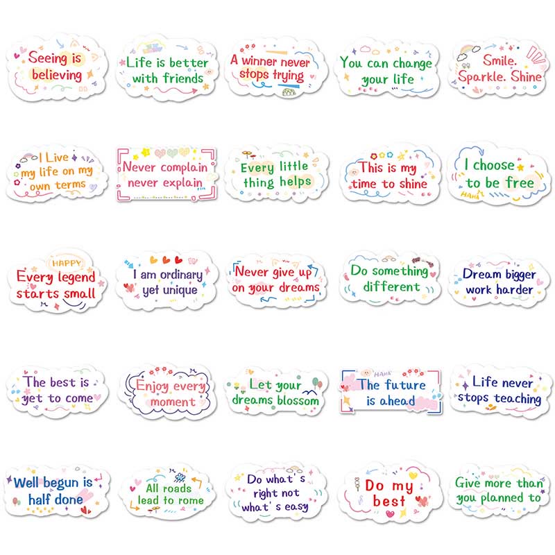 50pcs Optimistic Quotes Cute Text Stickers Waterproof DIY Craft Supplies