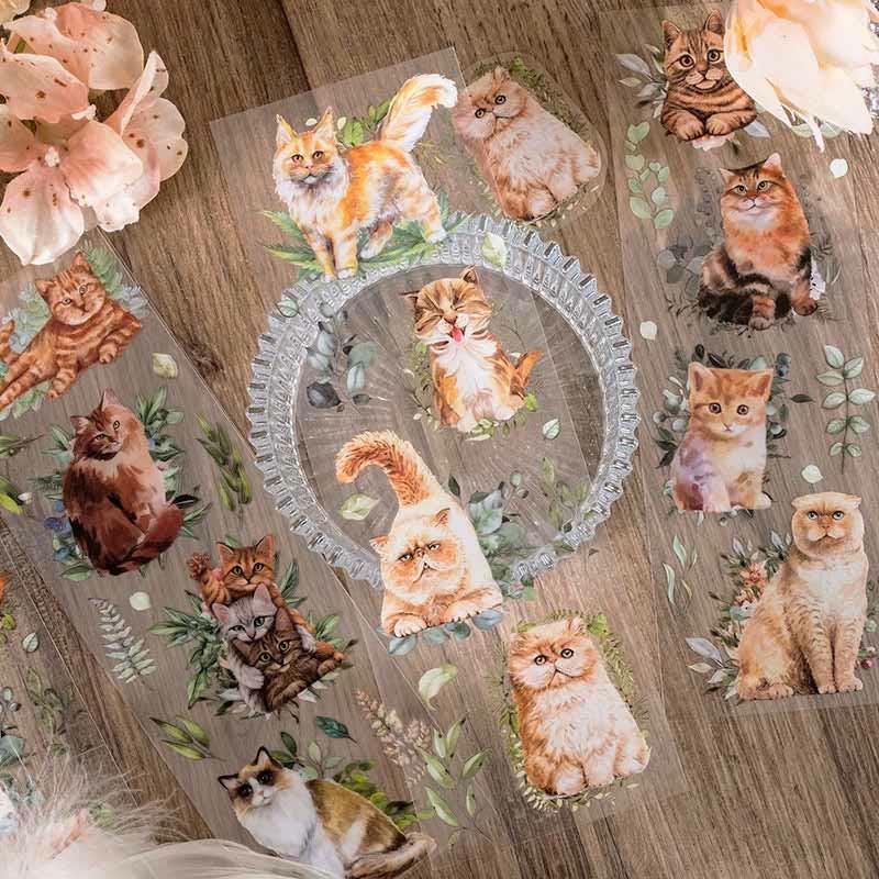 FREE TODAY: Cat with Flowers Series Transparent PET Stickers Fro Scrapbook