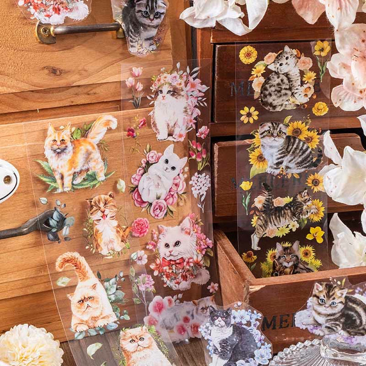 FREE TODAY: Cat with Flowers Series Transparent PET Stickers Fro Scrapbook