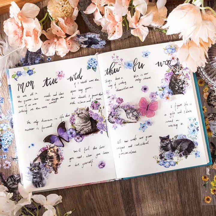 FREE TODAY: Cat with Flowers Series Transparent PET Stickers Fro Scrapbook