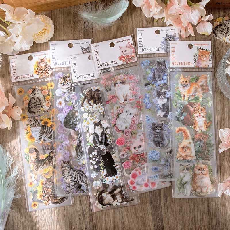 FREE TODAY: Cat with Flowers Series Transparent PET Stickers Fro Scrapbook