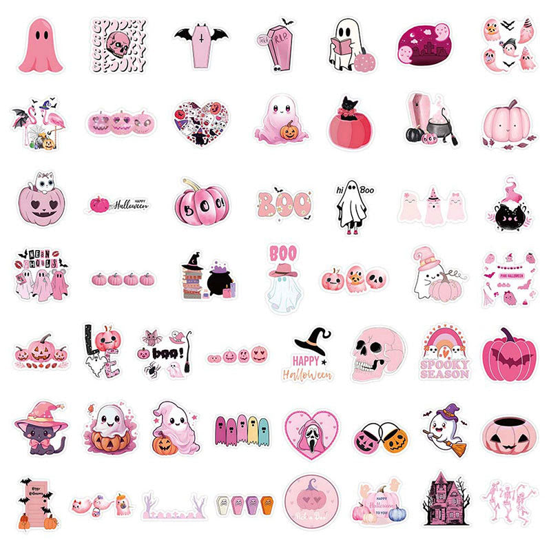 Pink Tone Halloween Sticker 52Pcs Cute Pumpkin Ghost Skeleton Stickers