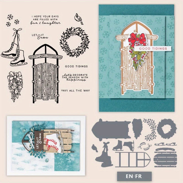 Sleigh And Door Stamp Cutting Dies Set For Handmade Greeting Cards