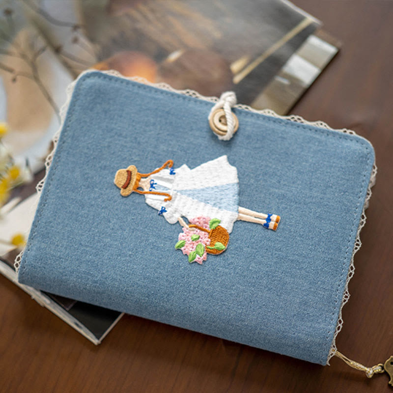 A6/ A5 Embroidered Girl And Flower Cloth Cover Notebook For Journal