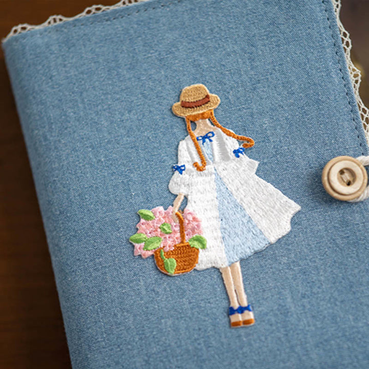 A6/ A5 Embroidered Girl And Flower Cloth Cover Notebook For Journal