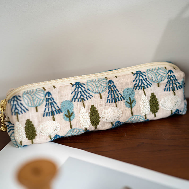 Art Small Trees Pencil Case Embroidery Linen Stationery Supplies