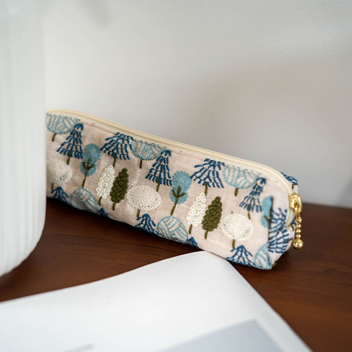 Art Small Trees Pencil Case Embroidery Linen Stationery Supplies