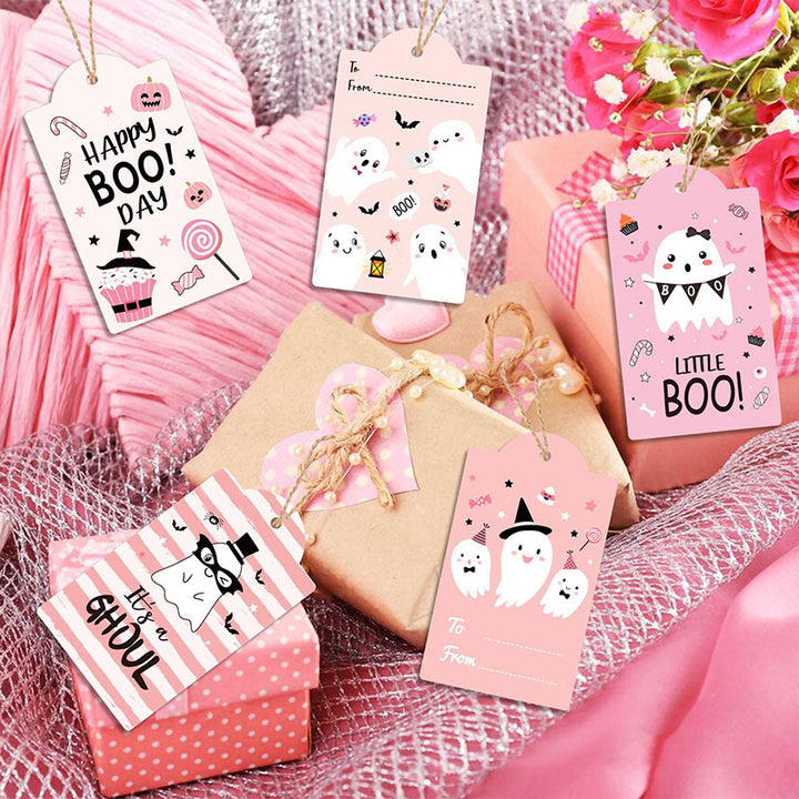 60pcs Set Pink Halloween Theme Greeting Gift Tag With Rope