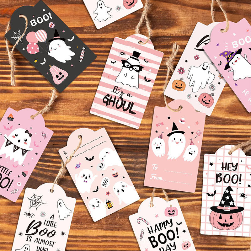 60pcs Set Pink Halloween Theme Greeting Gift Tag With Rope