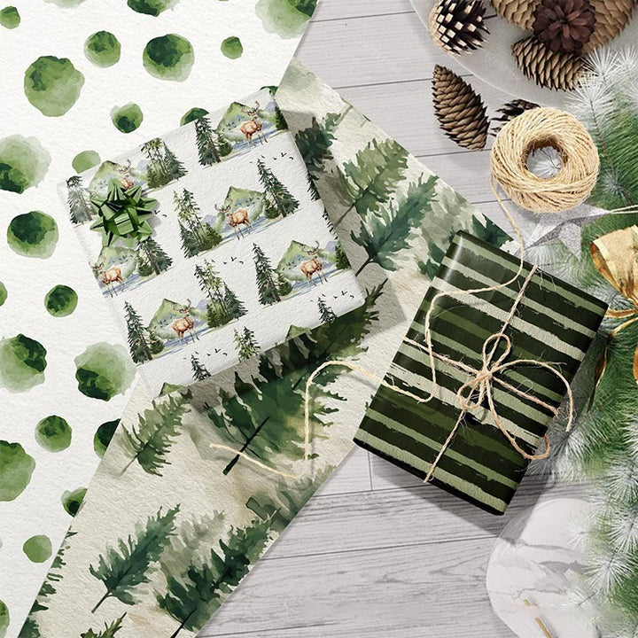 Christmas Green Forest Theme Cartoon Pattern Printed Wrapping Paper Holiday Gift