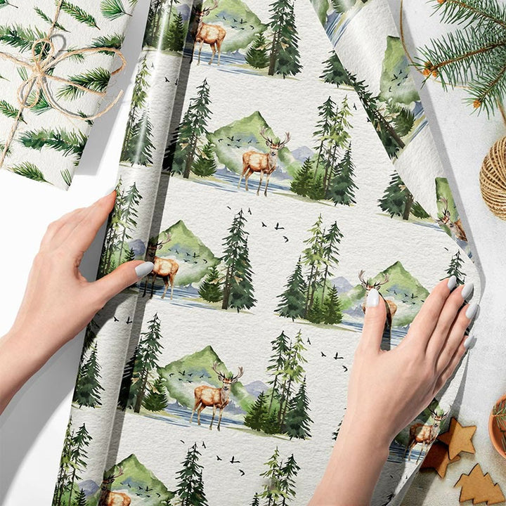 Christmas Green Forest Theme Cartoon Pattern Printed Wrapping Paper Holiday Gift