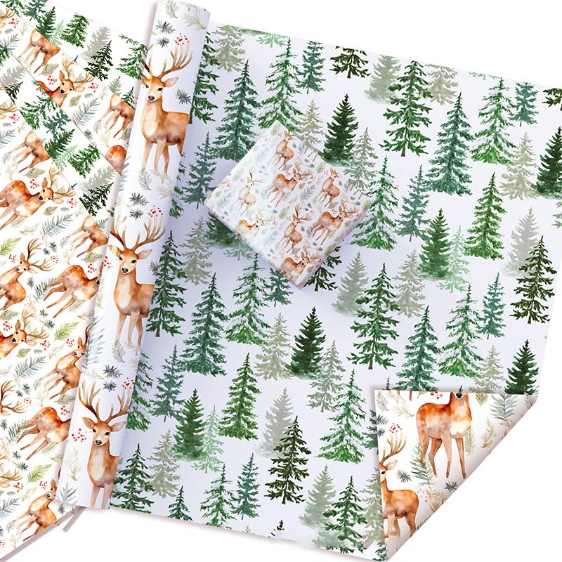 Deer And Pine Theme Cartoon Pattern Printed Wrapping Paper Holiday Gift