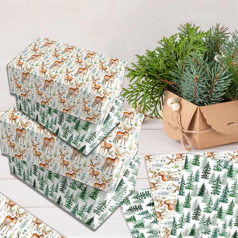 Deer And Pine Theme Cartoon Pattern Printed Wrapping Paper Holiday Gift