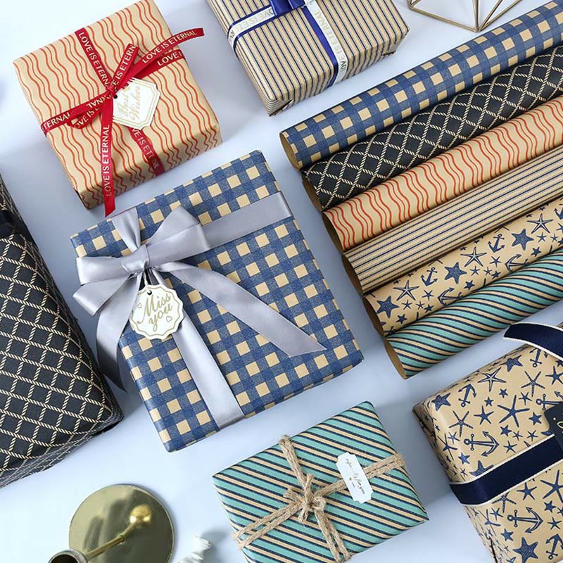 Kraft Wrapping Paper Grid Stripe Pattern Gift Wrap Paper