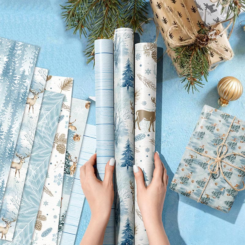 Christmas Gift Wrap Paper Light Blue Tone 12 Sheets Winter Wrapping Paper