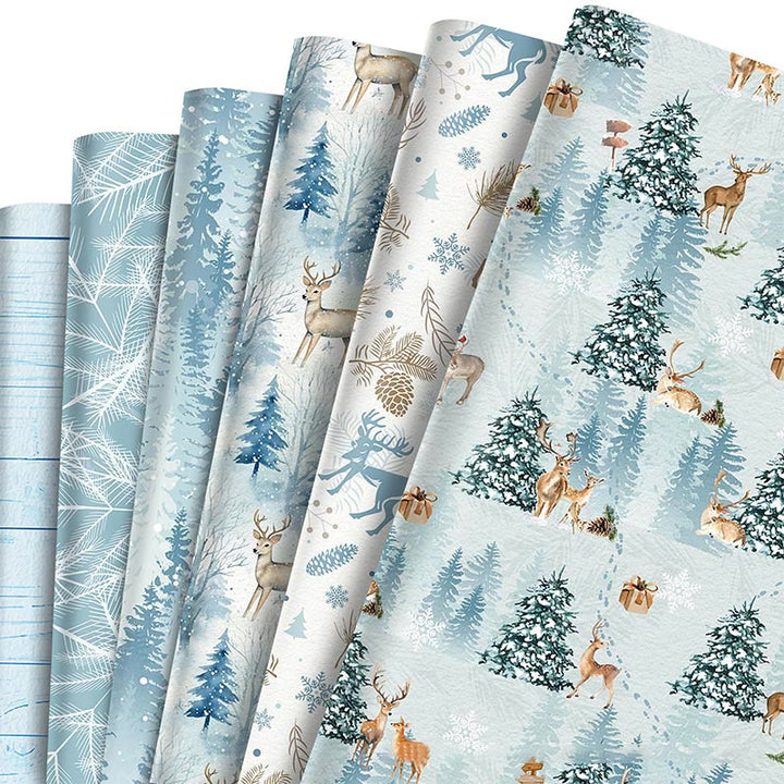 Christmas Gift Wrap Paper Light Blue Tone 12 Sheets Winter Wrapping Paper