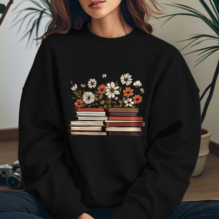 Books With Flowers Fleece Lined Sweatshirt Round Neck Sweatshirt