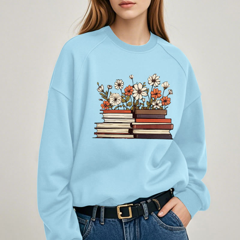 Books With Flowers Fleece Lined Sweatshirt Round Neck Sweatshirt