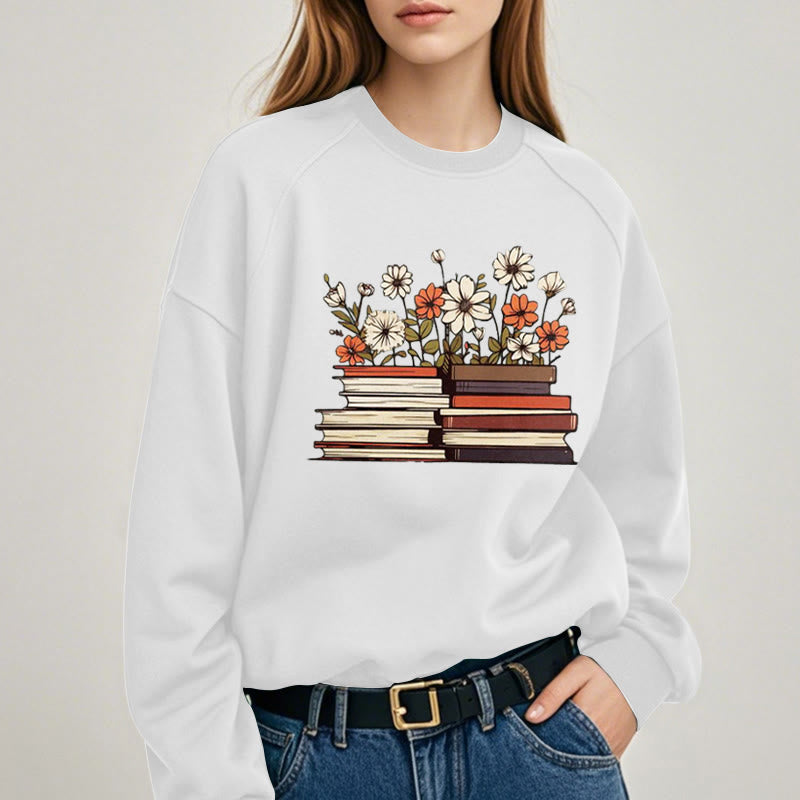 Books With Flowers Fleece Lined Sweatshirt Round Neck Sweatshirt