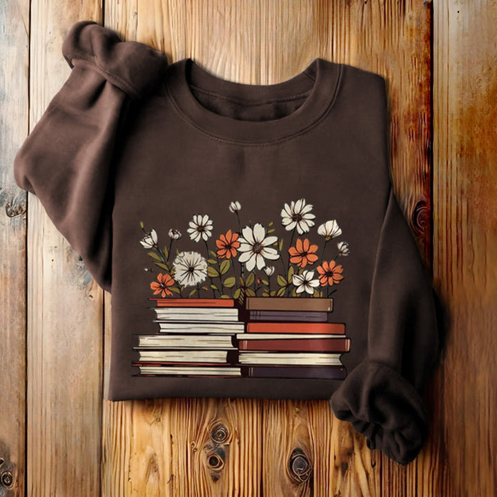 Books With Flowers Fleece Lined Sweatshirt Round Neck Sweatshirt