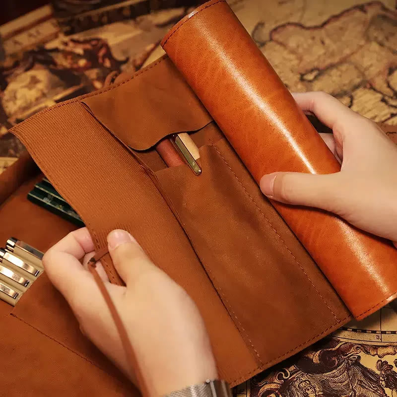 Retro Vegan Leather Treasure Map Pencil Roll Pen Case