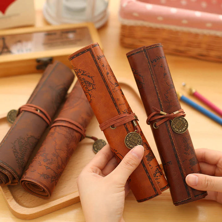 Retro Vegan Leather Treasure Map Pencil Roll Pen Case