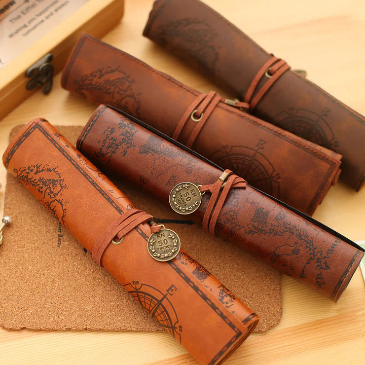 Retro Vegan Leather Treasure Map Pencil Roll Pen Case