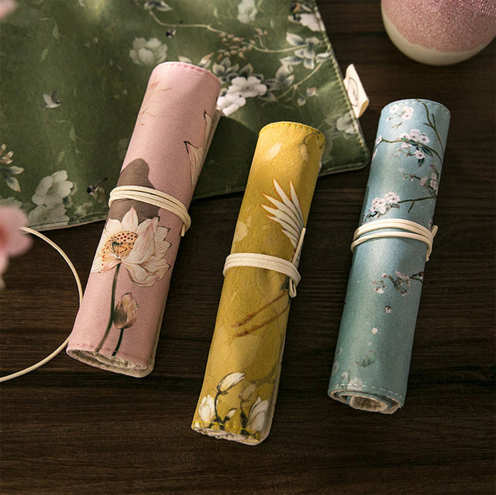 Chinoiserie Floral Painting Pencil Roll Holoder Pencil Wrap