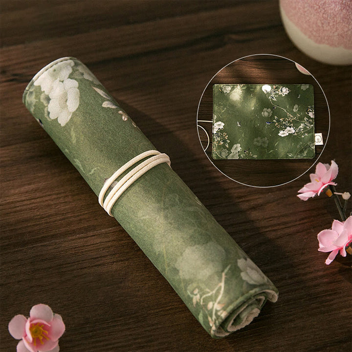 Chinoiserie Floral Painting Pencil Roll Holoder Pencil Wrap