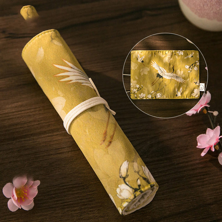 Chinoiserie Floral Painting Pencil Roll Holoder Pencil Wrap