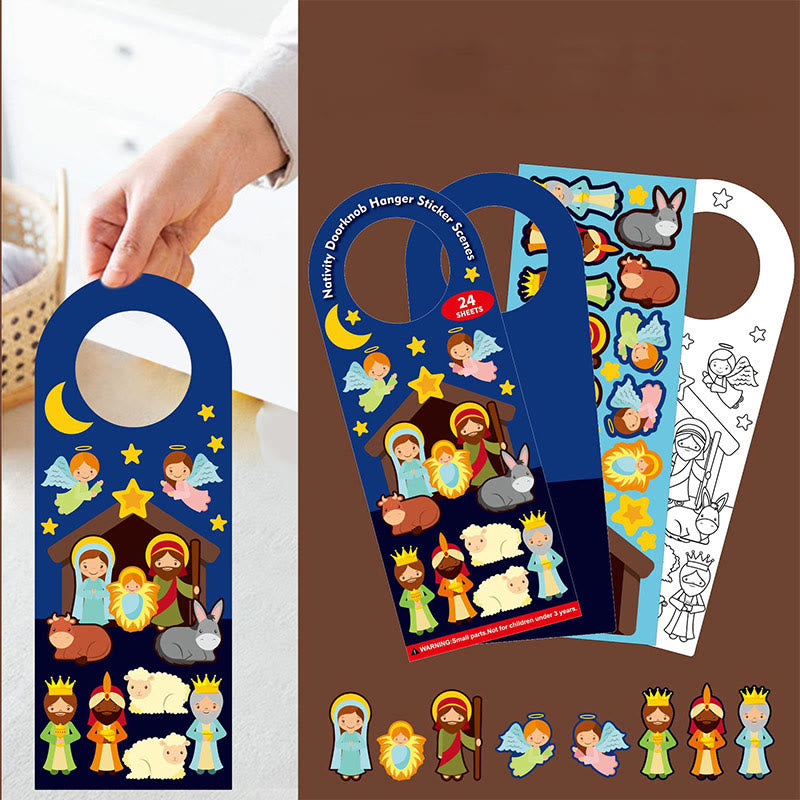 Cartoon Nativity Scene Door Hanger Sign for DIY Crafts