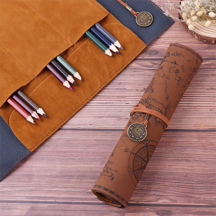 Retro Vegan Leather Treasure Map Pencil Roll Pen Case