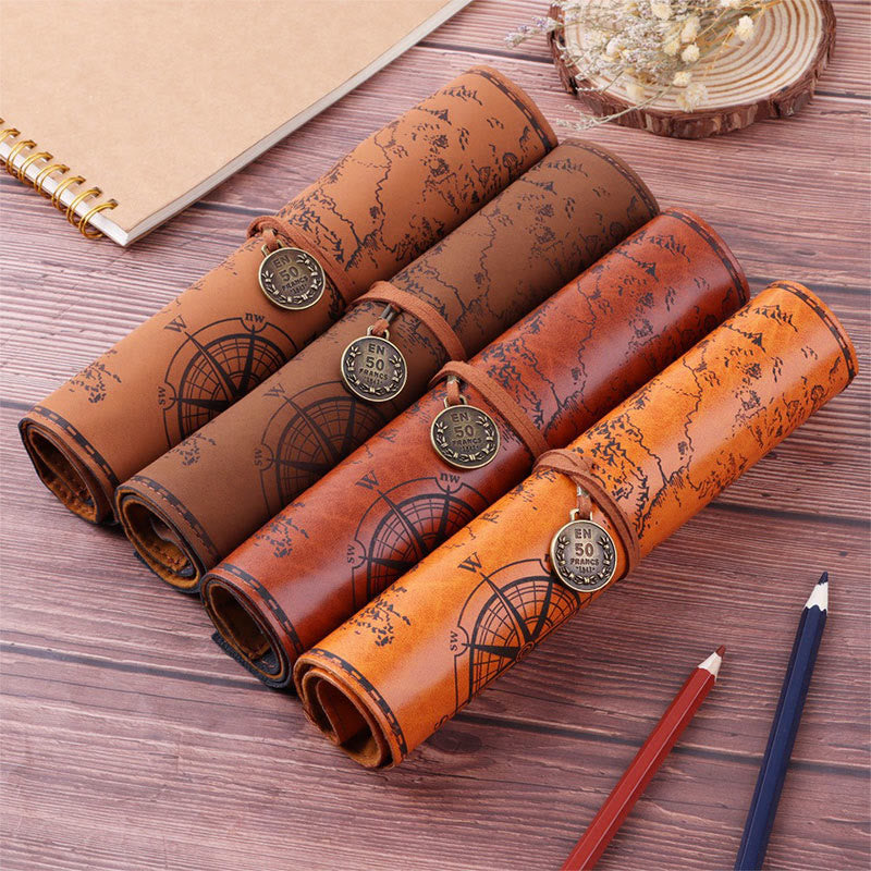 Retro Vegan Leather Treasure Map Pencil Roll Pen Case