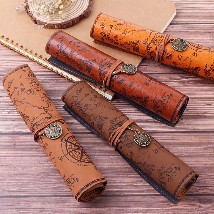 Retro Vegan Leather Treasure Map Pencil Roll Pen Case