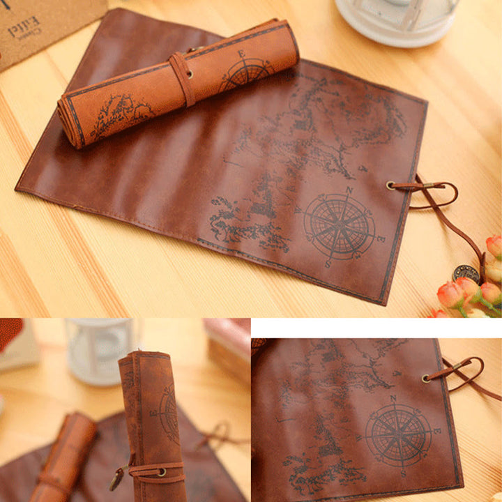 Retro Vegan Leather Treasure Map Pencil Roll Pen Case